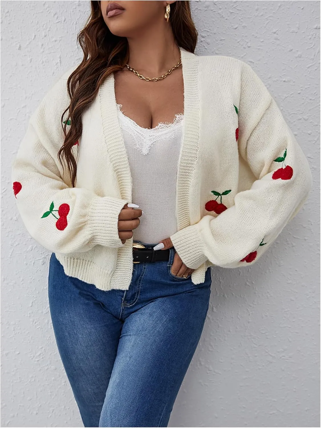 MakeMeChic Women's Plus Size Embroidery Cardigan Open Front Lantern Sleeve Cardigan Sweater Drop Shoulder Crop Cute Outerwear