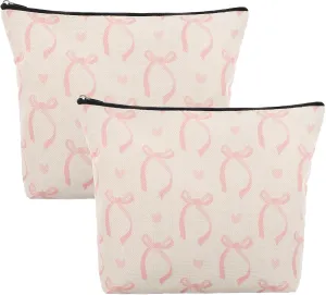 Makeup Bag for Purse Pink Bow Aesthetic Cosmetic Bag Portable Zipper Make Up Pouch Small Cosmetic Case Travel Toiletry Bag Organizer Cute Storage Bag for Girls WomenTravel Accessories