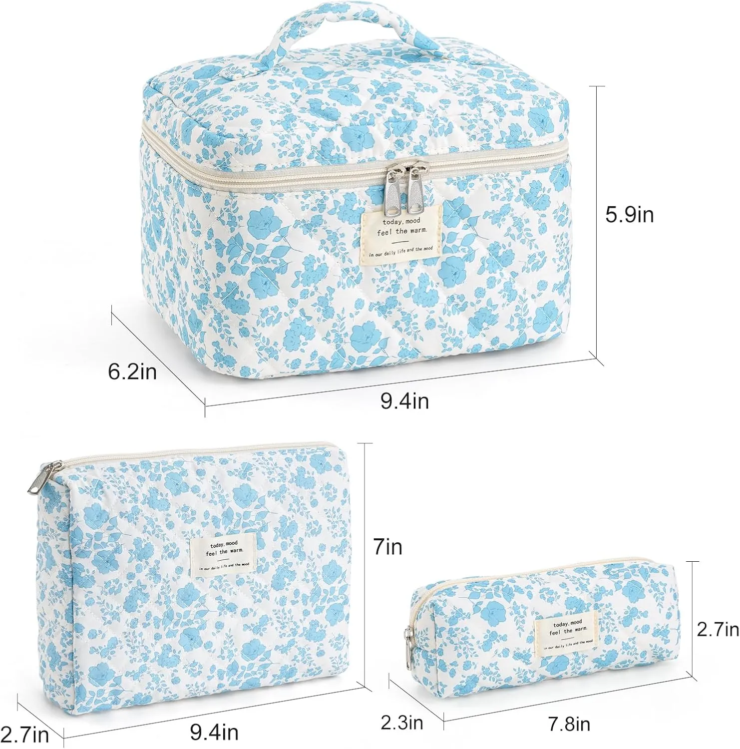 Makeup Bag for Women 3PCS Quilted Cotton Make Up Bag Travel Cosmetic Bag Large Makeup Bag Set Cute Bag Organizer Floral Toiletry Pouch for Purse, Azure Blue