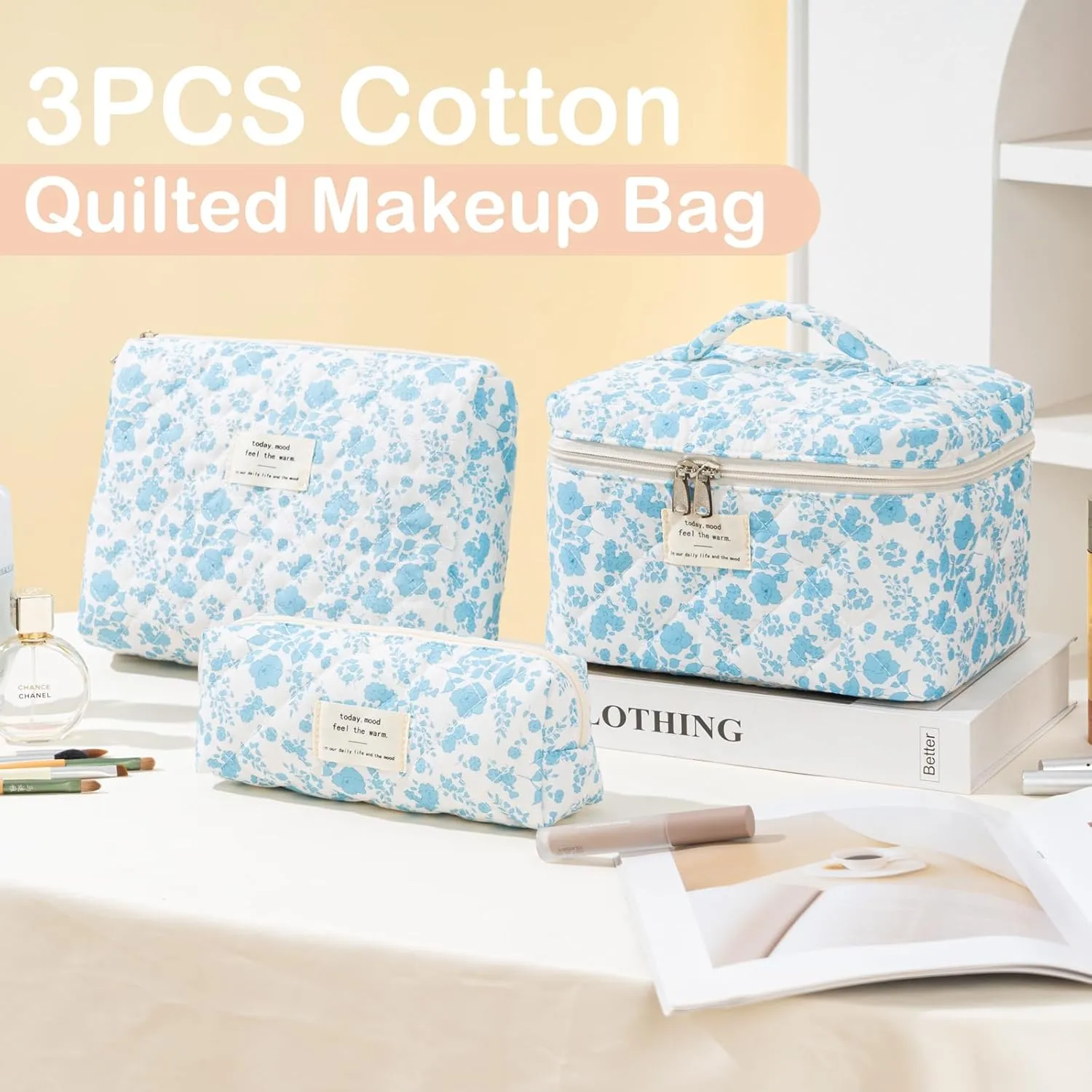 Makeup Bag for Women 3PCS Quilted Cotton Make Up Bag Travel Cosmetic Bag Large Makeup Bag Set Cute Bag Organizer Floral Toiletry Pouch for Purse, Azure Blue