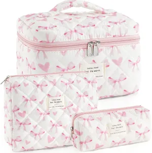 Makeup Bag for Women 3PCS Quilted Cotton Make Up Bag Travel Cosmetic Bag Large Makeup Bag Set Cute Bow Makeups Organizer Floral Toiletry Pouch for Purse, Bow A