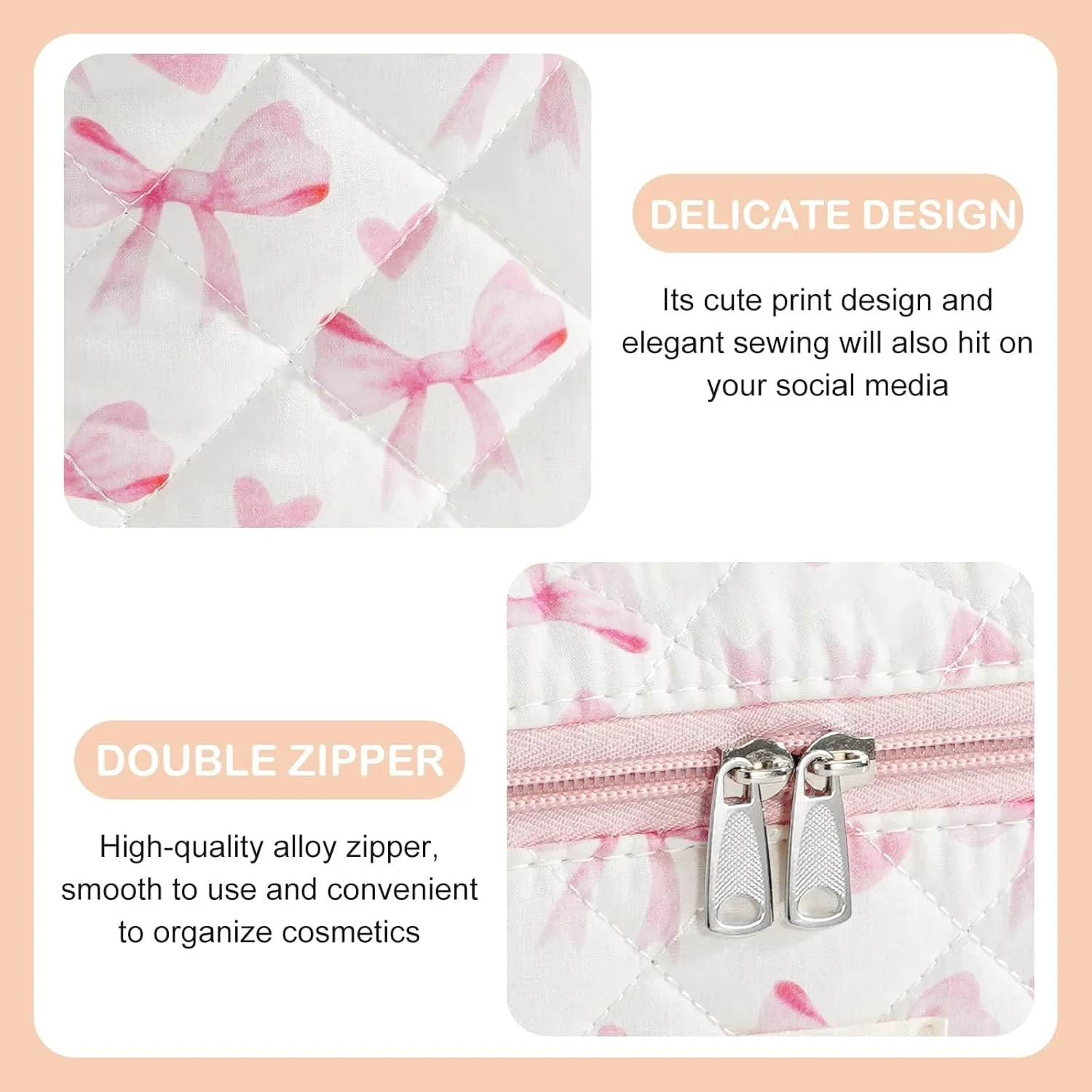 Makeup Bag for Women 3PCS Quilted Cotton Make Up Bag Travel Cosmetic Bag Large Makeup Bag Set Cute Bow Makeups Organizer Floral Toiletry Pouch for Purse, Bow A