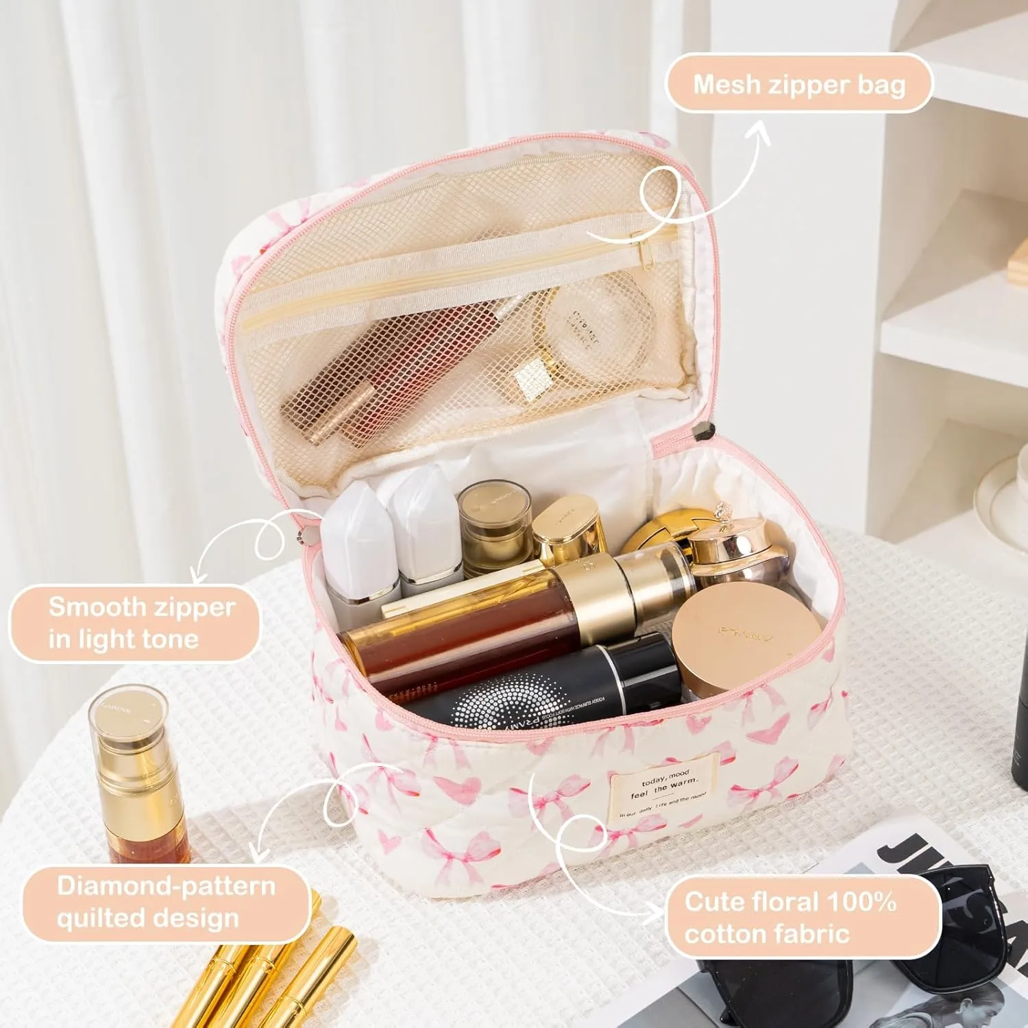 Makeup Bag for Women 3PCS Quilted Cotton Make Up Bag Travel Cosmetic Bag Large Makeup Bag Set Cute Bow Makeups Organizer Floral Toiletry Pouch for Purse, Bow A