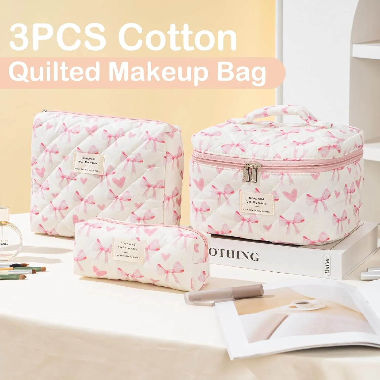 Makeup Bag for Women 3PCS Quilted Cotton Make Up Bag Travel Cosmetic Bag Large Makeup Bag Set Cute Bow Makeups Organizer Floral Toiletry Pouch for Purse, Bow A