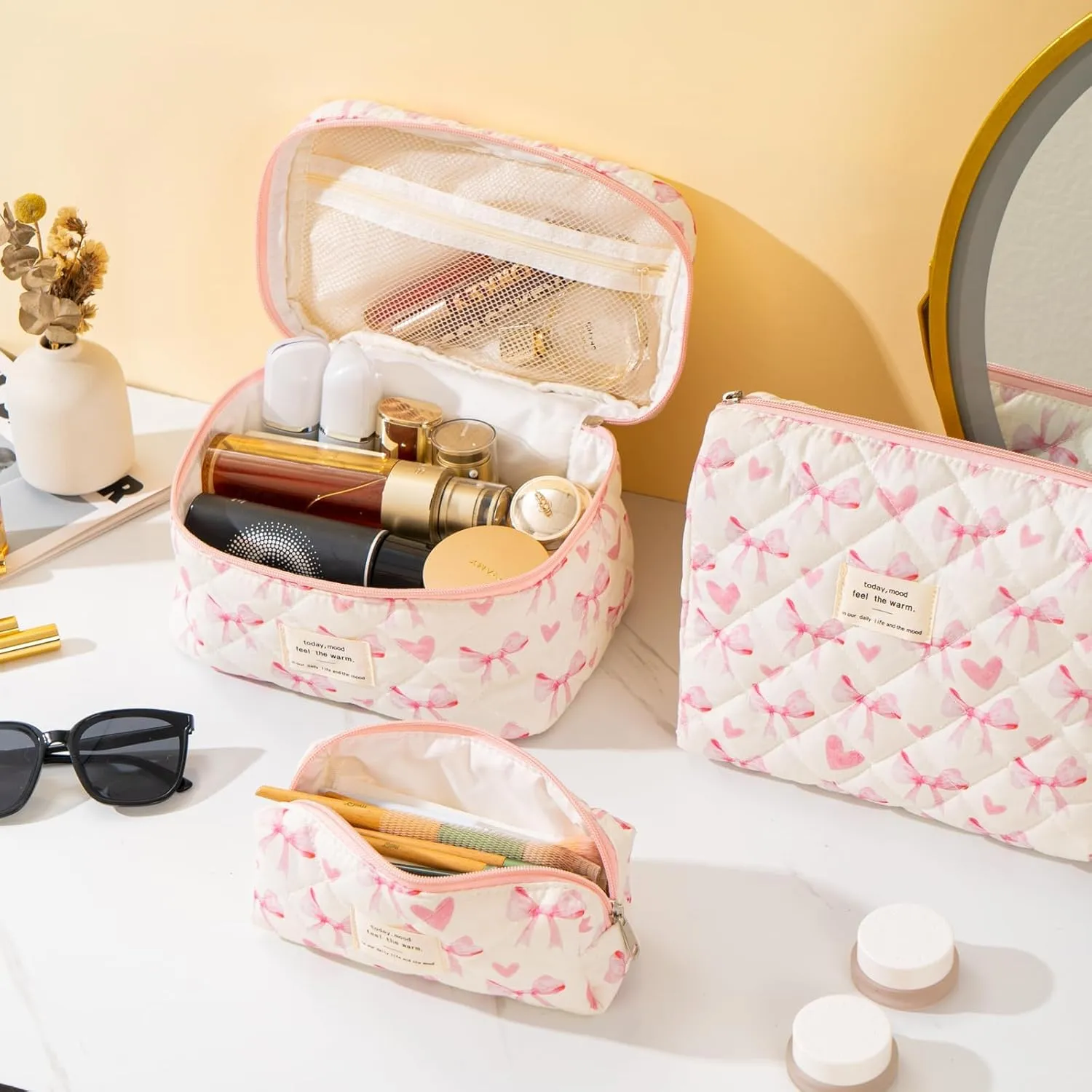 Makeup Bag for Women 3PCS Quilted Cotton Make Up Bag Travel Cosmetic Bag Large Makeup Bag Set Cute Bow Makeups Organizer Floral Toiletry Pouch for Purse, Bow A