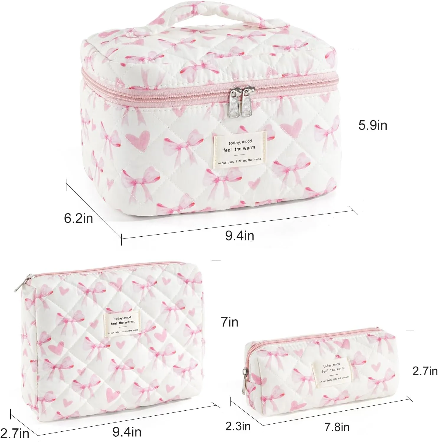 Makeup Bag for Women 3PCS Quilted Cotton Make Up Bag Travel Cosmetic Bag Large Makeup Bag Set Cute Bow Makeups Organizer Floral Toiletry Pouch for Purse, Bow A