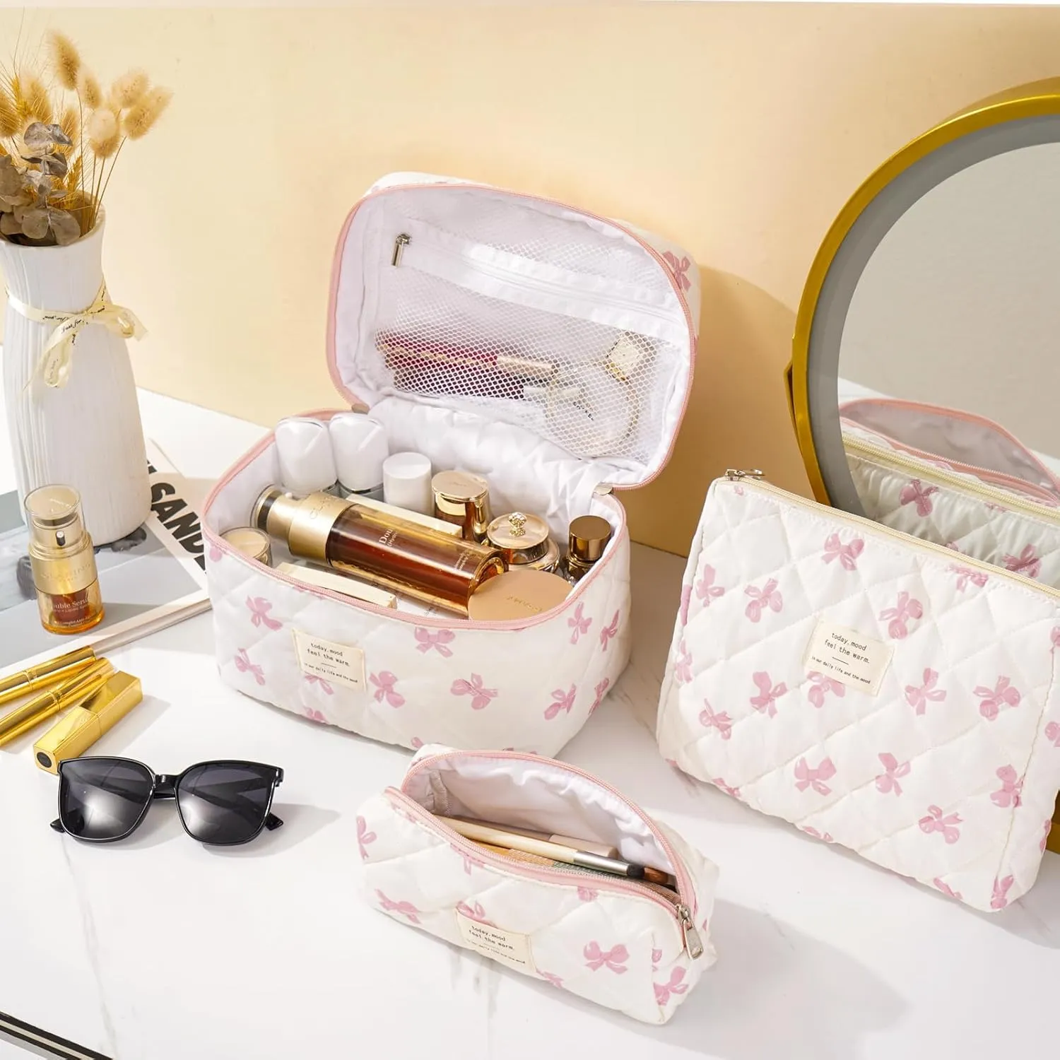 Makeup Bag for Women 3PCS Quilted Cotton Make Up Bag Travel Cosmetic Bag Large Makeup Bag Set Cute Bow Makeups Purse Organizer Floral Toiletry Pouch