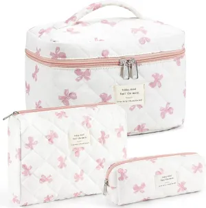 Makeup Bag for Women 3PCS Quilted Cotton Make Up Bag Travel Cosmetic Bag Large Makeup Bag Set Cute Bow Makeups Purse Organizer Floral Toiletry Pouch