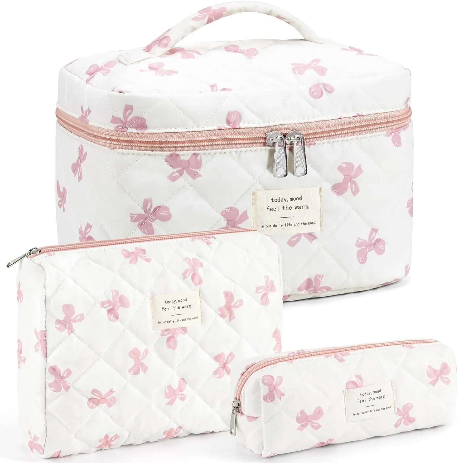 Makeup Bag for Women 3PCS Quilted Cotton Make Up Bag Travel Cosmetic Bag Large Makeup Bag Set Cute Bow Makeups Purse Organizer Floral Toiletry Pouch