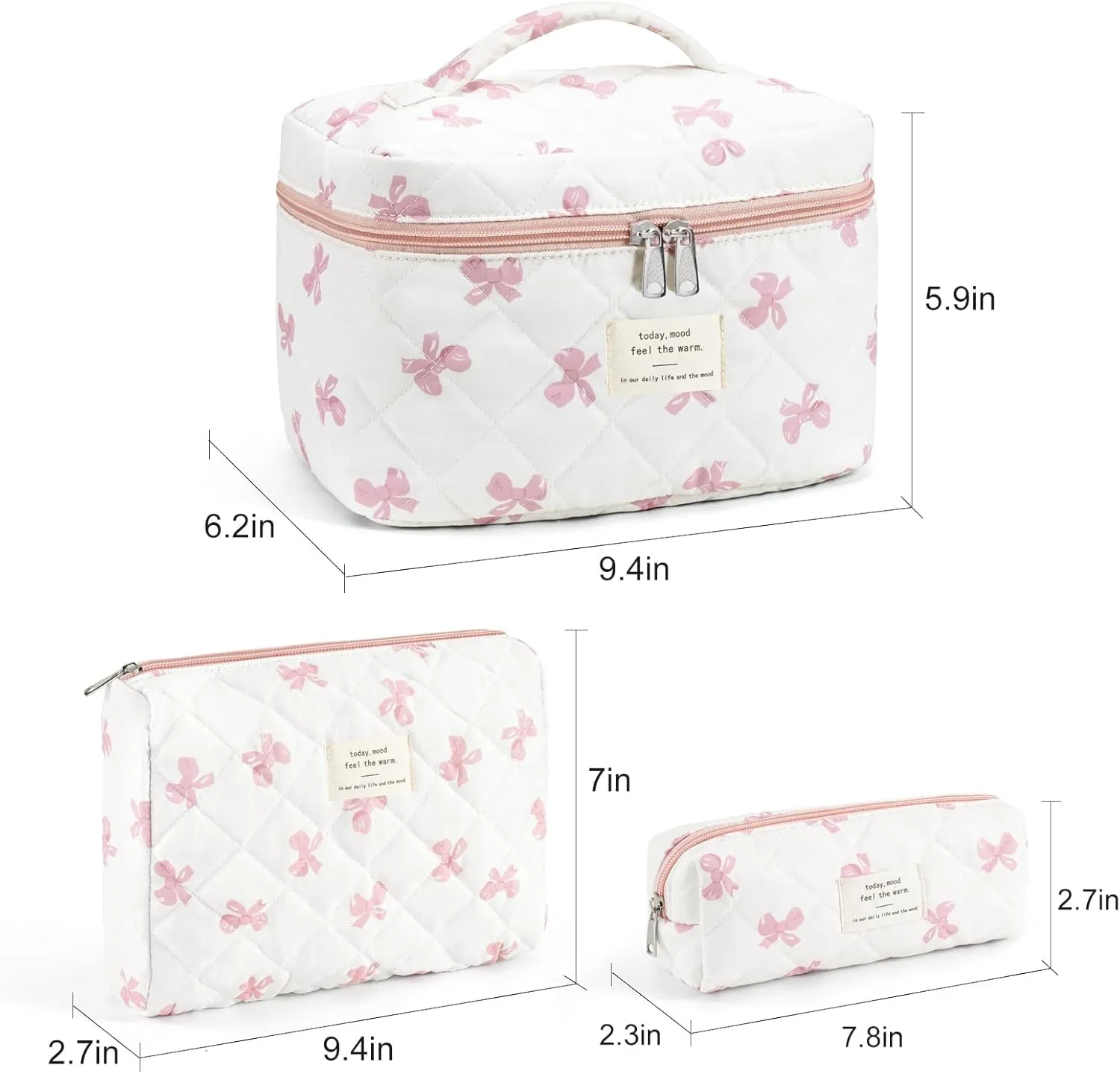 Makeup Bag for Women 3PCS Quilted Cotton Make Up Bag Travel Cosmetic Bag Large Makeup Bag Set Cute Bow Makeups Purse Organizer Floral Toiletry Pouch