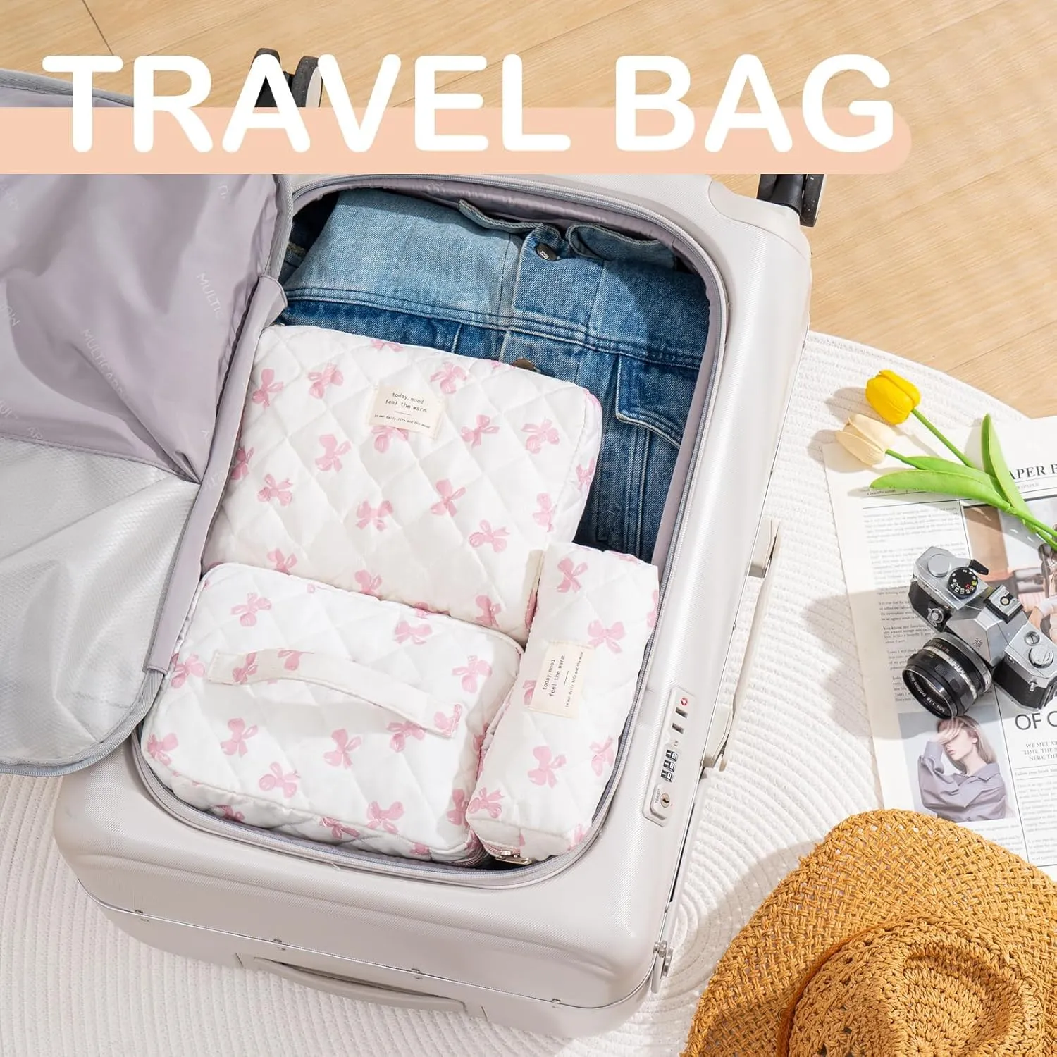 Makeup Bag for Women 3PCS Quilted Cotton Make Up Bag Travel Cosmetic Bag Large Makeup Bag Set Cute Bow Makeups Purse Organizer Floral Toiletry Pouch