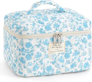 Makeup Bag for Women Quilted Cotton Make Up Bag Travel Cosmetic Bag Large Makeup Bag Cute Bow Makeup Bag Organizer Floral Toiletry Bag Makeup Pouch for Purse, Azure Blue