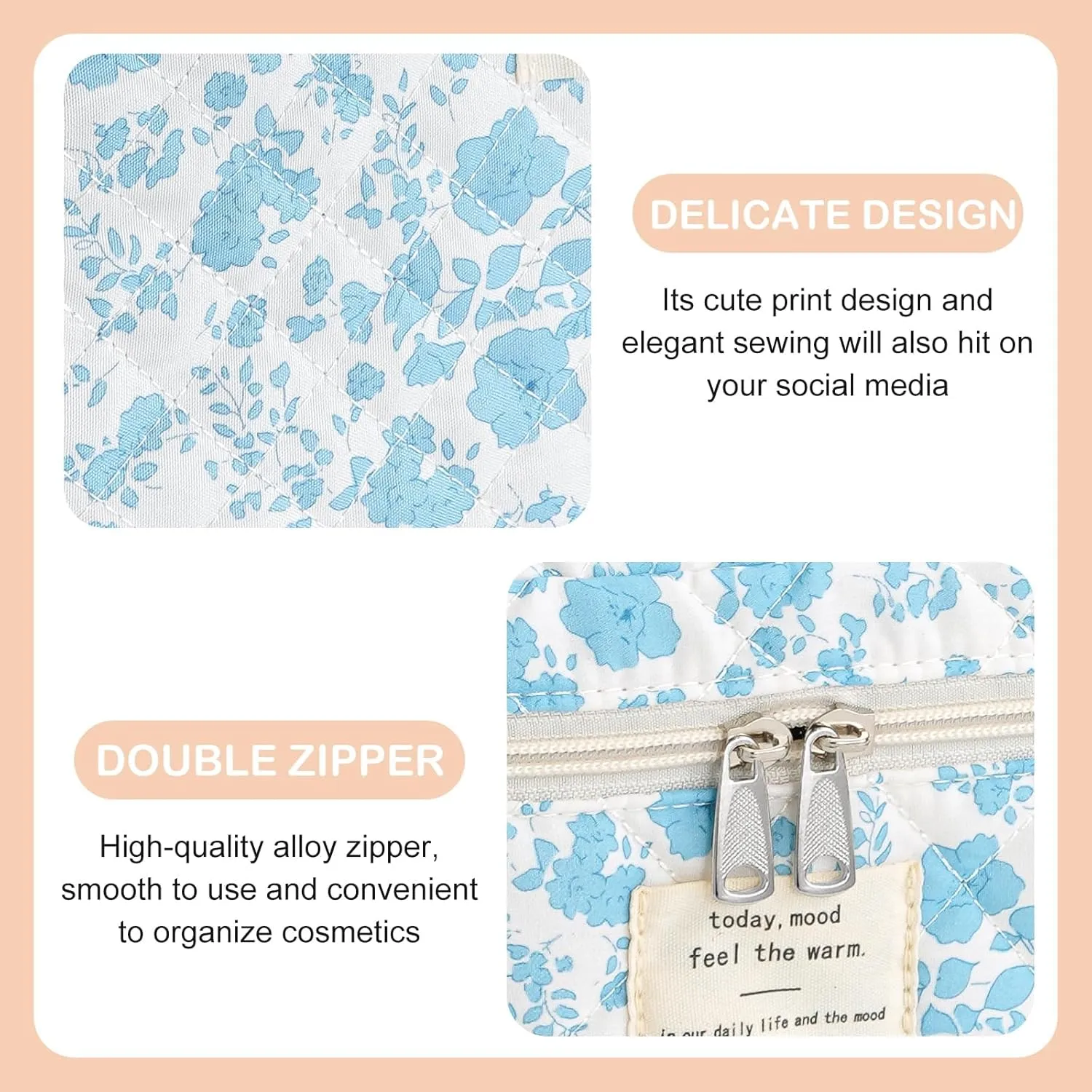 Makeup Bag for Women Quilted Cotton Make Up Bag Travel Cosmetic Bag Large Makeup Bag Cute Bow Makeup Bag Organizer Floral Toiletry Bag Makeup Pouch for Purse, Azure Blue