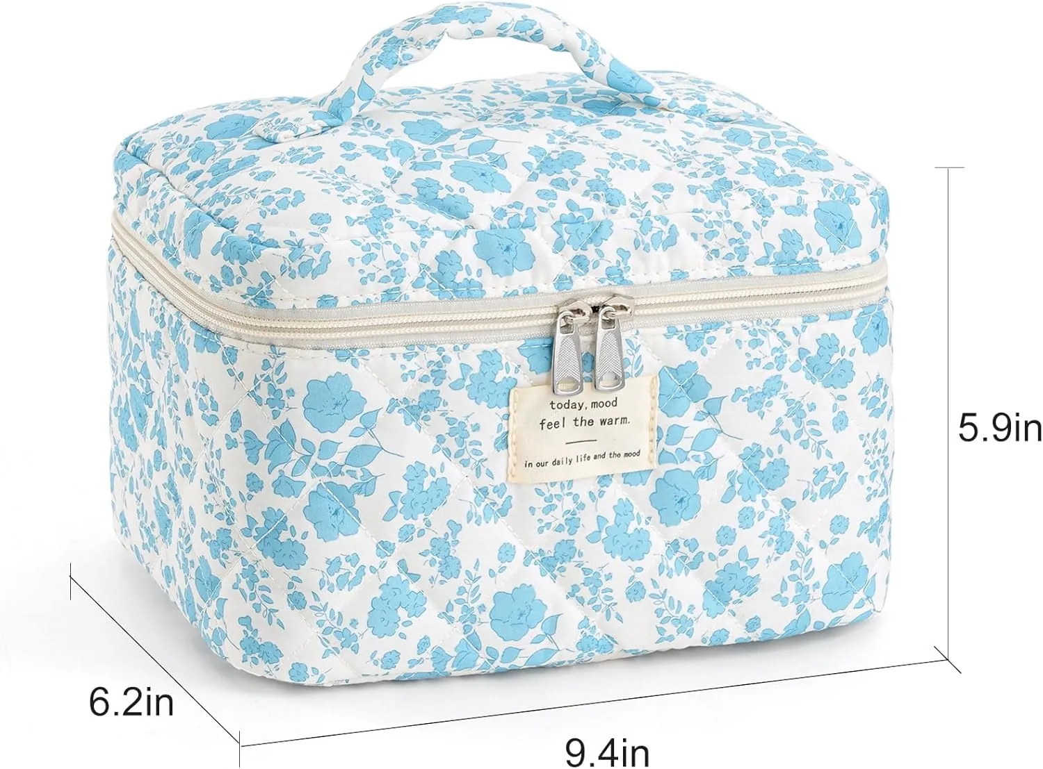 Makeup Bag for Women Quilted Cotton Make Up Bag Travel Cosmetic Bag Large Makeup Bag Cute Bow Makeup Bag Organizer Floral Toiletry Bag Makeup Pouch for Purse, Azure Blue
