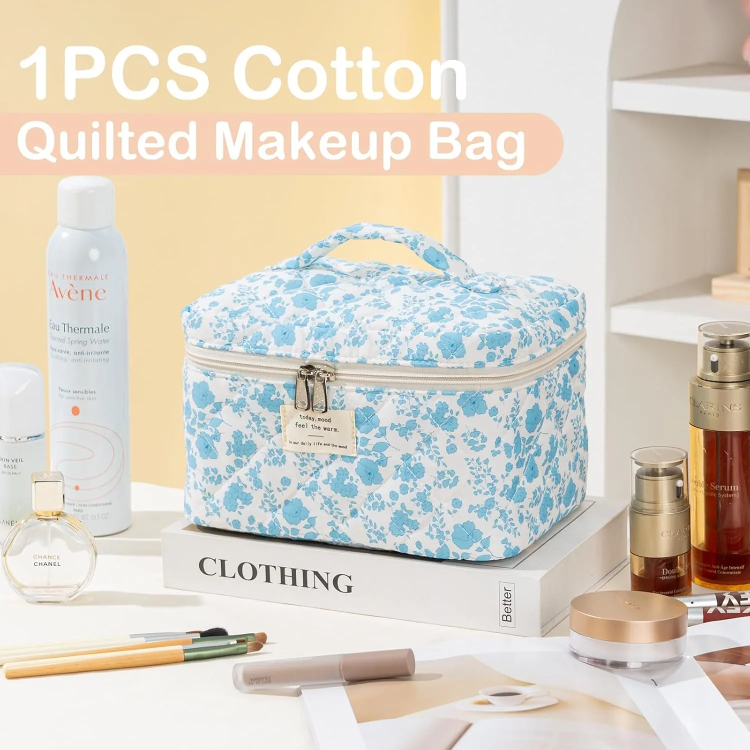 Makeup Bag for Women Quilted Cotton Make Up Bag Travel Cosmetic Bag Large Makeup Bag Cute Bow Makeup Bag Organizer Floral Toiletry Bag Makeup Pouch for Purse, Azure Blue