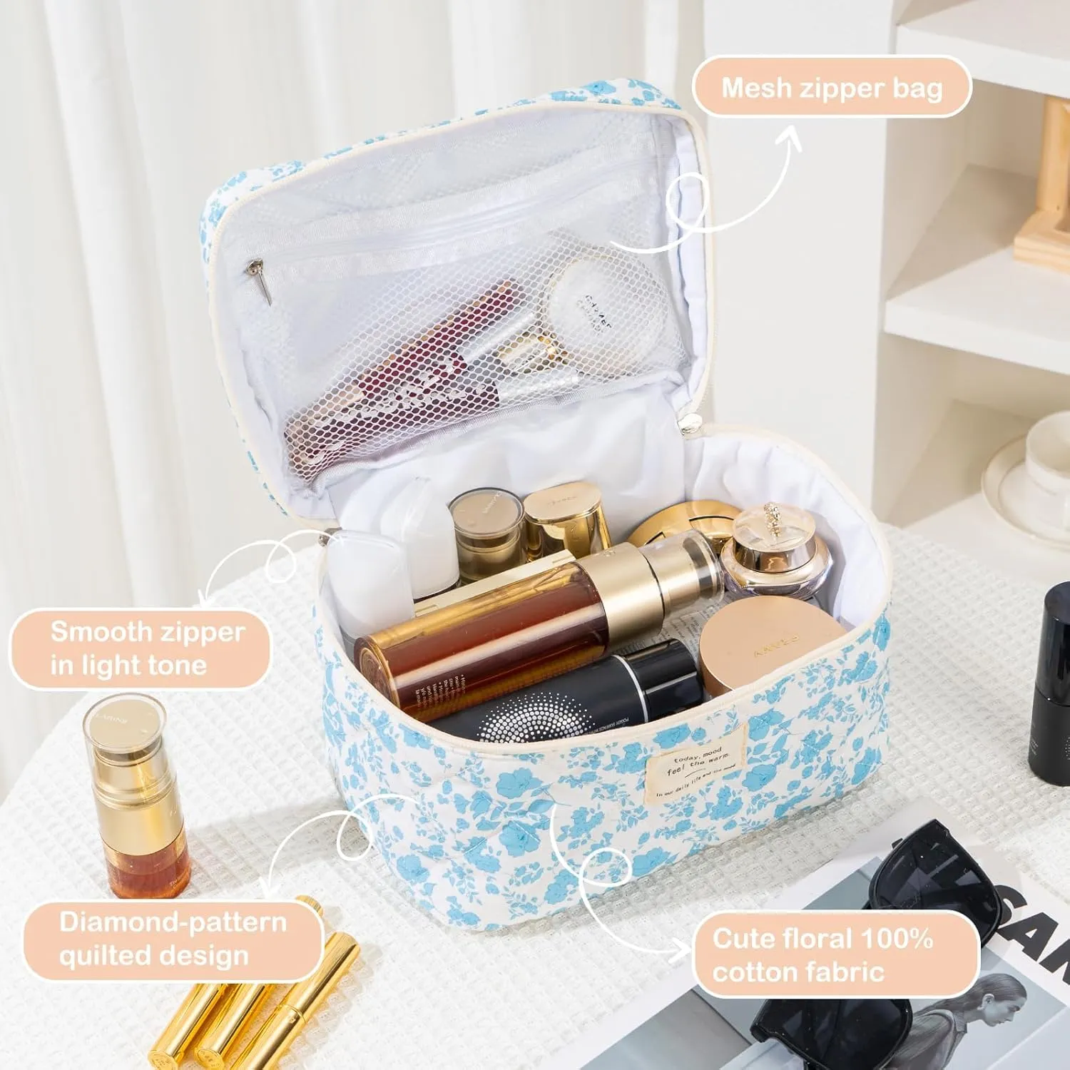 Makeup Bag for Women Quilted Cotton Make Up Bag Travel Cosmetic Bag Large Makeup Bag Cute Bow Makeup Bag Organizer Floral Toiletry Bag Makeup Pouch for Purse, Azure Blue
