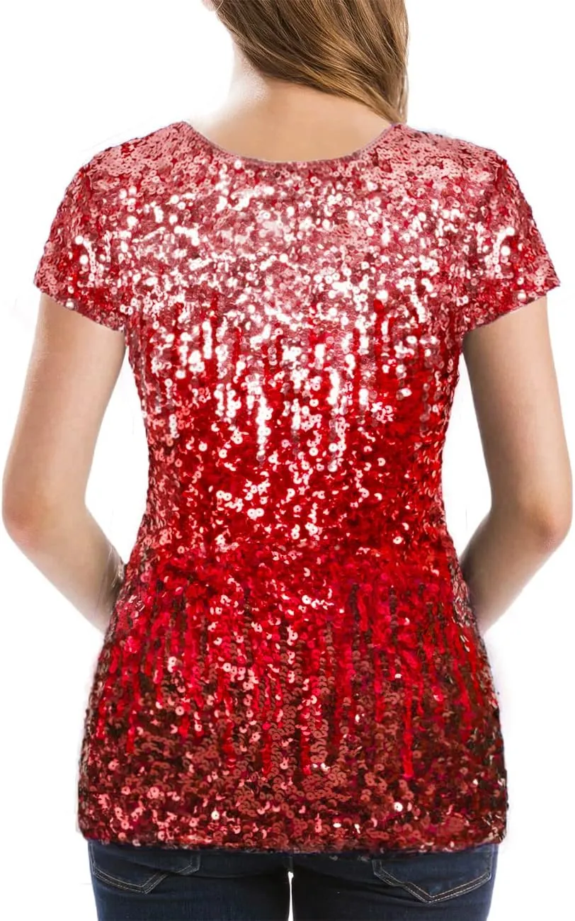 MANER Womens Full Sequin Tops Glitter Party Shirt Short Sleeve Sparkle Blouses S-4X