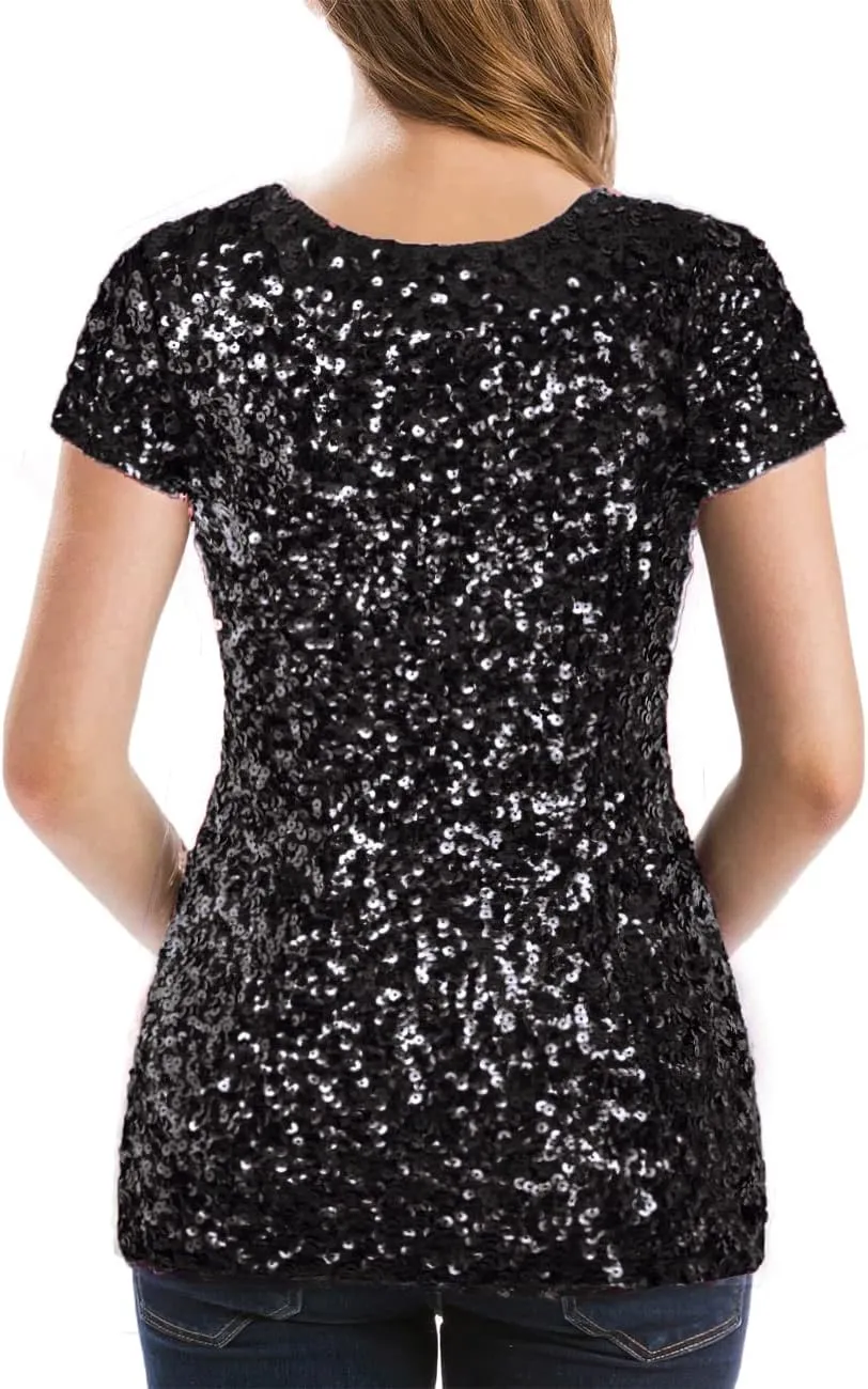 MANER Womens Full Sequin Tops Glitter Party Shirt Short Sleeve Sparkle Blouses S-4X