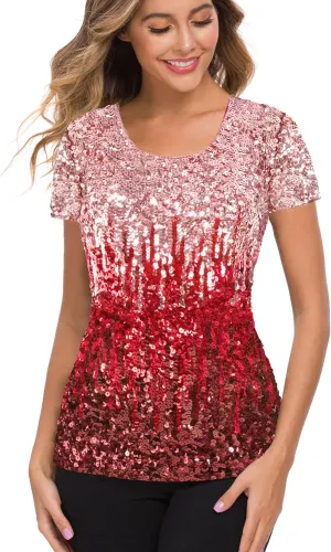 MANER Womens Full Sequin Tops Glitter Party Shirt Short Sleeve Sparkle Blouses S-4X