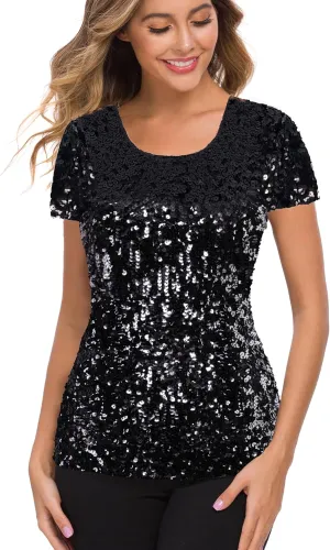MANER Womens Full Sequin Tops Glitter Party Shirt Short Sleeve Sparkle Blouses S-4X
