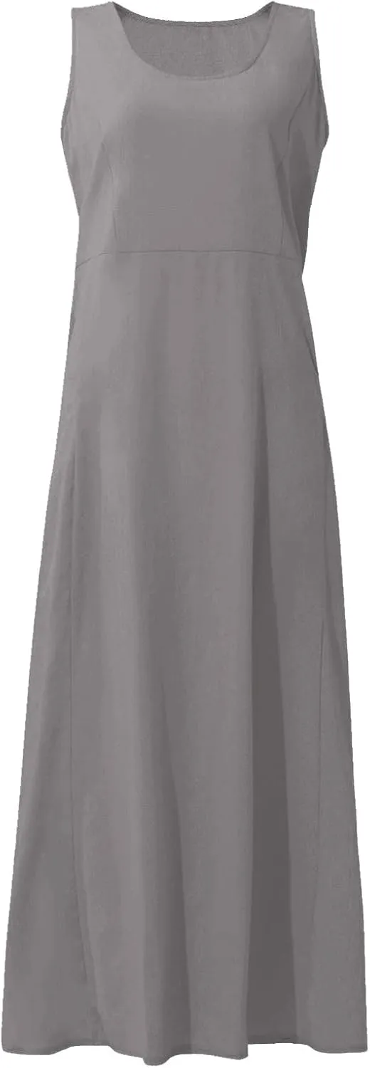 Maxi Dress for Women,2024 Summer Trendy Sleeveless Cotton Linen Dress,Casual Loose Flowy Ruched Sundress with Pockets