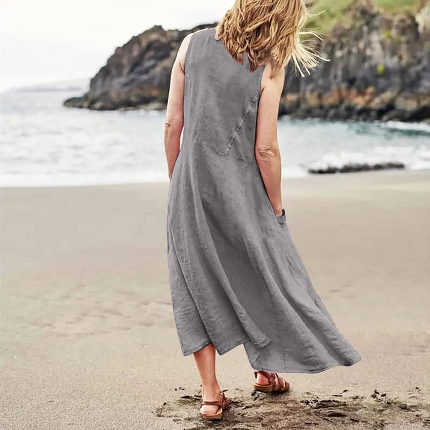 Maxi Dress for Women,2024 Summer Trendy Sleeveless Cotton Linen Dress,Casual Loose Flowy Ruched Sundress with Pockets