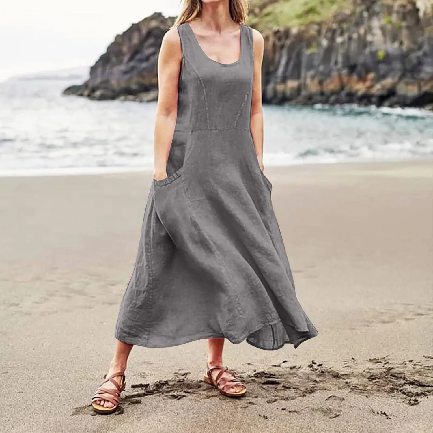 Maxi Dress for Women,2024 Summer Trendy Sleeveless Cotton Linen Dress,Casual Loose Flowy Ruched Sundress with Pockets