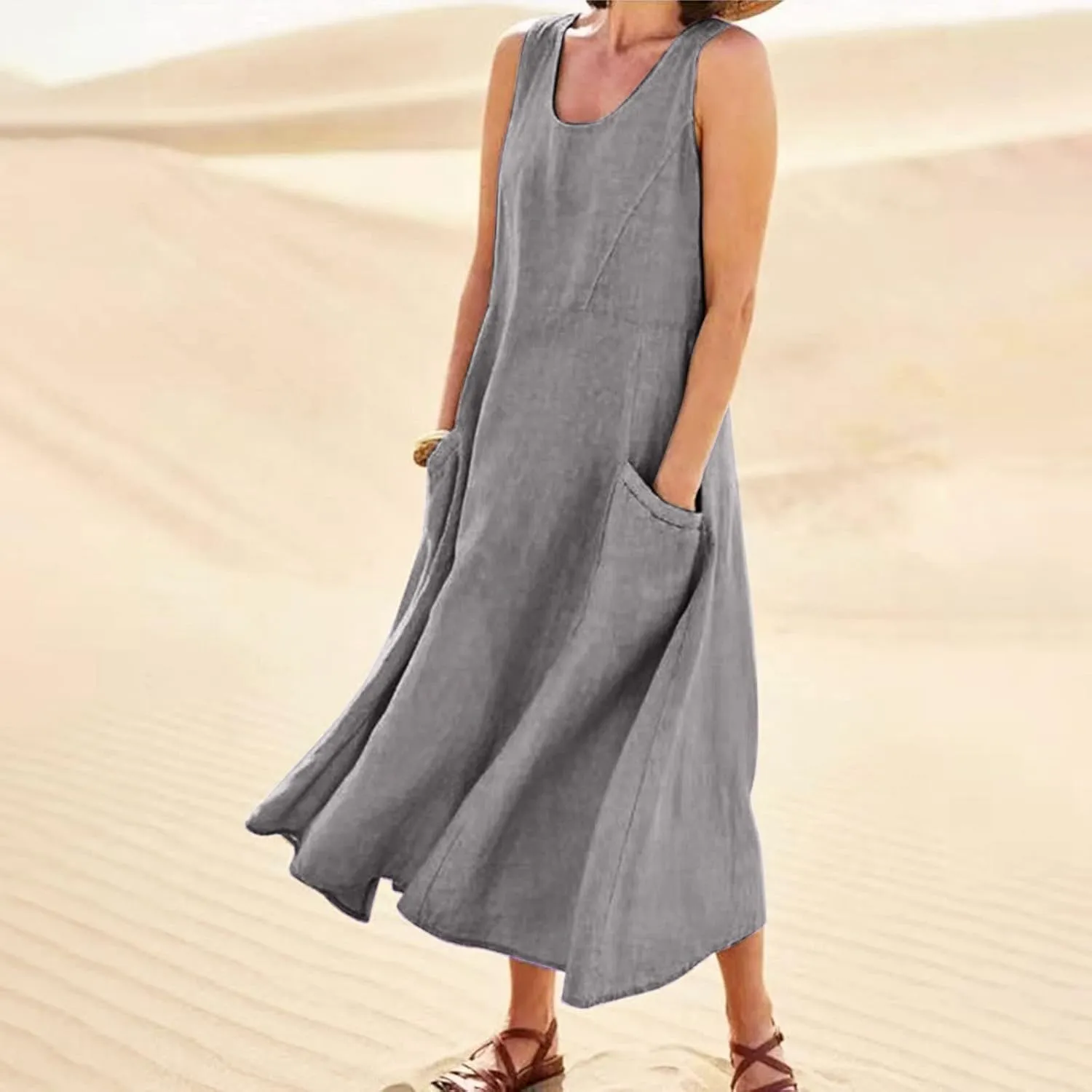 Maxi Dress for Women,2024 Summer Trendy Sleeveless Cotton Linen Dress,Casual Loose Flowy Ruched Sundress with Pockets