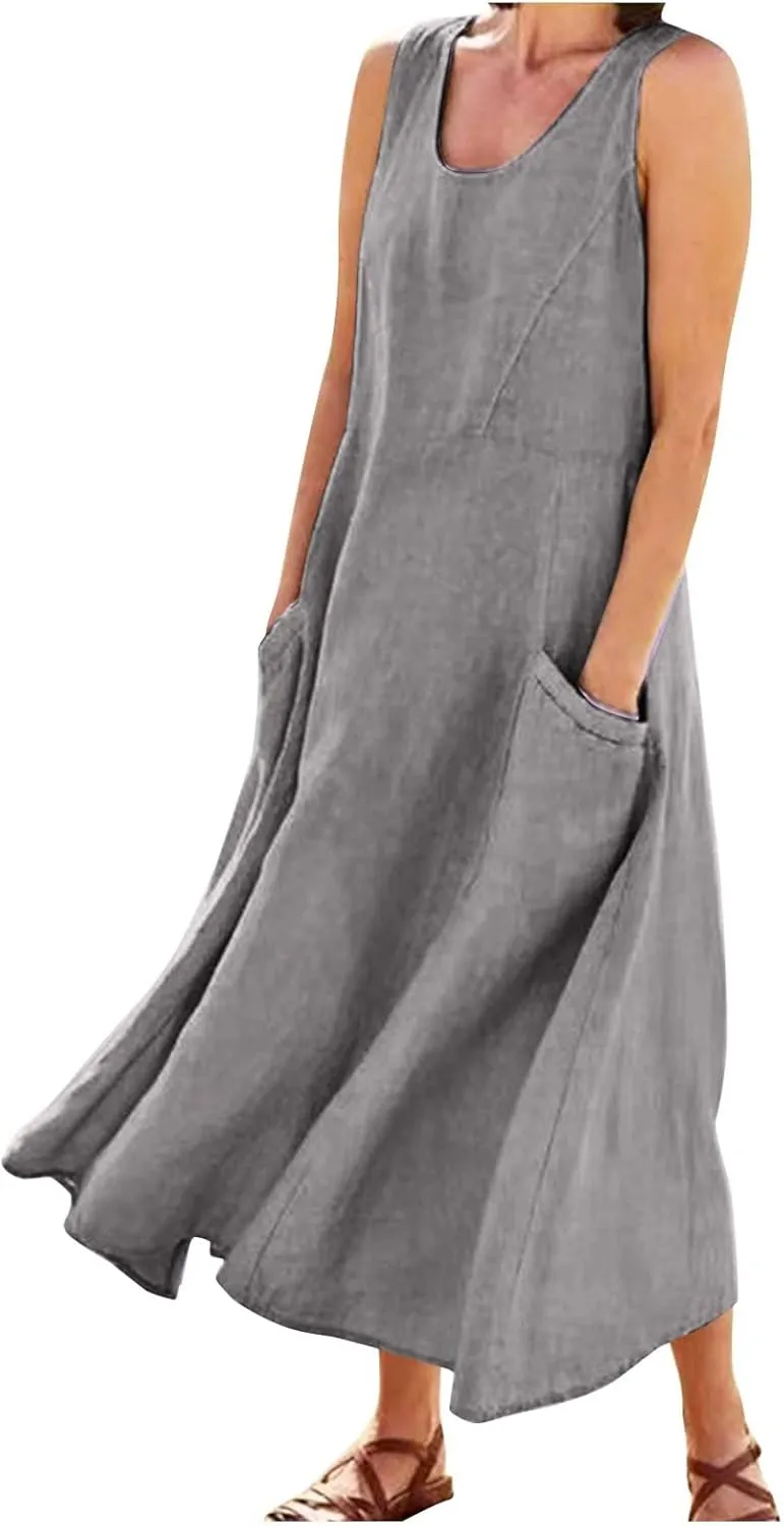 Maxi Dress for Women,2024 Summer Trendy Sleeveless Cotton Linen Dress,Casual Loose Flowy Ruched Sundress with Pockets