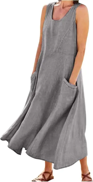 Maxi Dress for Women,2024 Summer Trendy Sleeveless Cotton Linen Dress,Casual Loose Flowy Ruched Sundress with Pockets