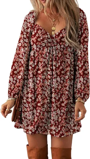 Melliflo Women's Mini Dress Floral Spring Long Sleeve Flowy Short Sundress Ruffle Babydoll Wedding Guest Dress