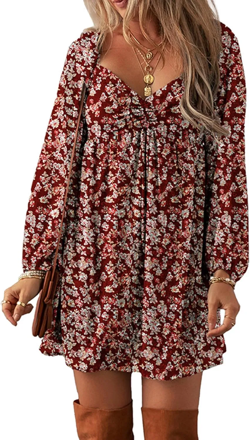 Melliflo Women's Mini Dress Floral Spring Long Sleeve Flowy Short Sundress Ruffle Babydoll Wedding Guest Dress
