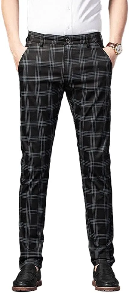 Mens Casual Plaid Pants Fashion Retro Tapered Stretch Slim Fit Business Dress Chino Pants