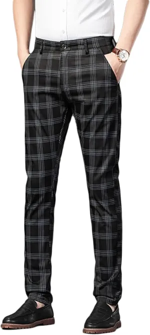 Mens Casual Plaid Pants Fashion Retro Tapered Stretch Slim Fit Business Dress Chino Pants