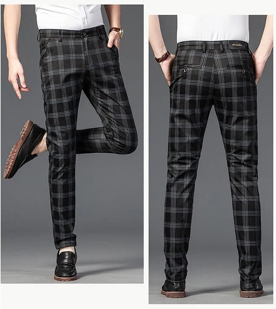 Mens Casual Plaid Pants Fashion Retro Tapered Stretch Slim Fit Business Dress Chino Pants