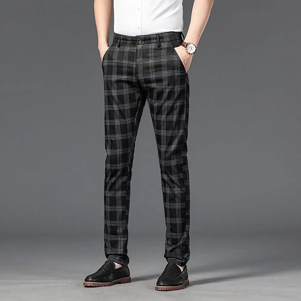 Mens Casual Plaid Pants Fashion Retro Tapered Stretch Slim Fit Business Dress Chino Pants