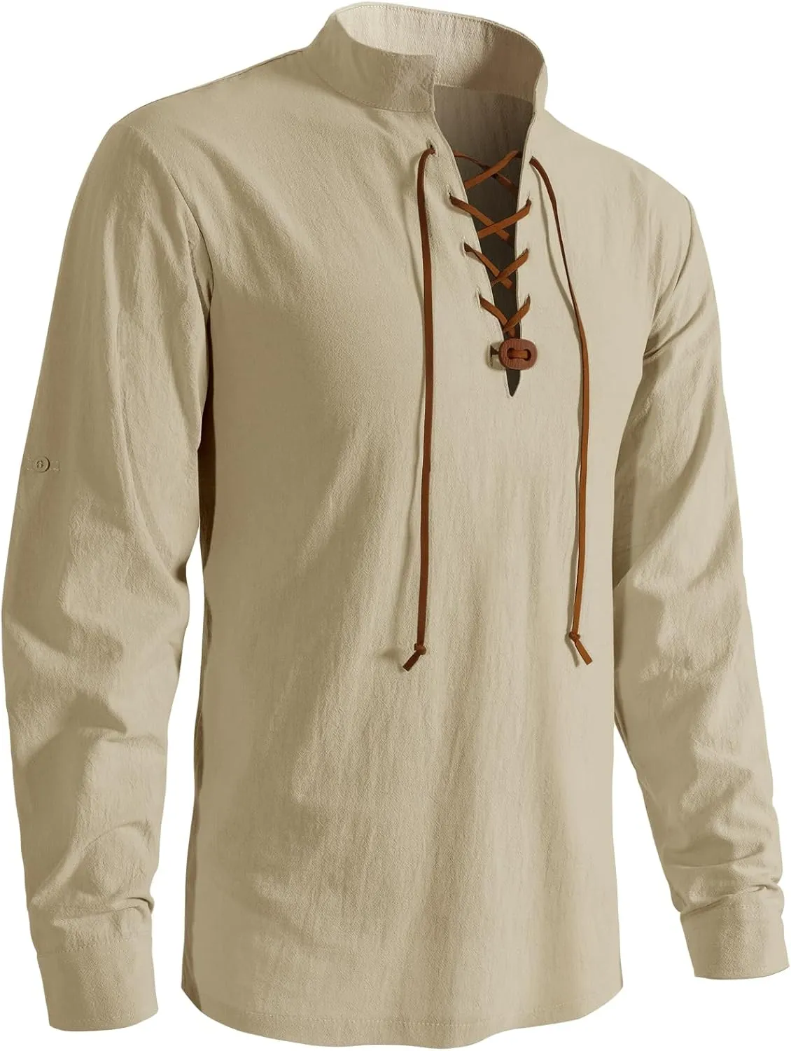 Men's Medieval Vintage Adjustable Long Sleeve Lace Up Shirts PU Leather V-neck Henley T-Shirt Costume Tops