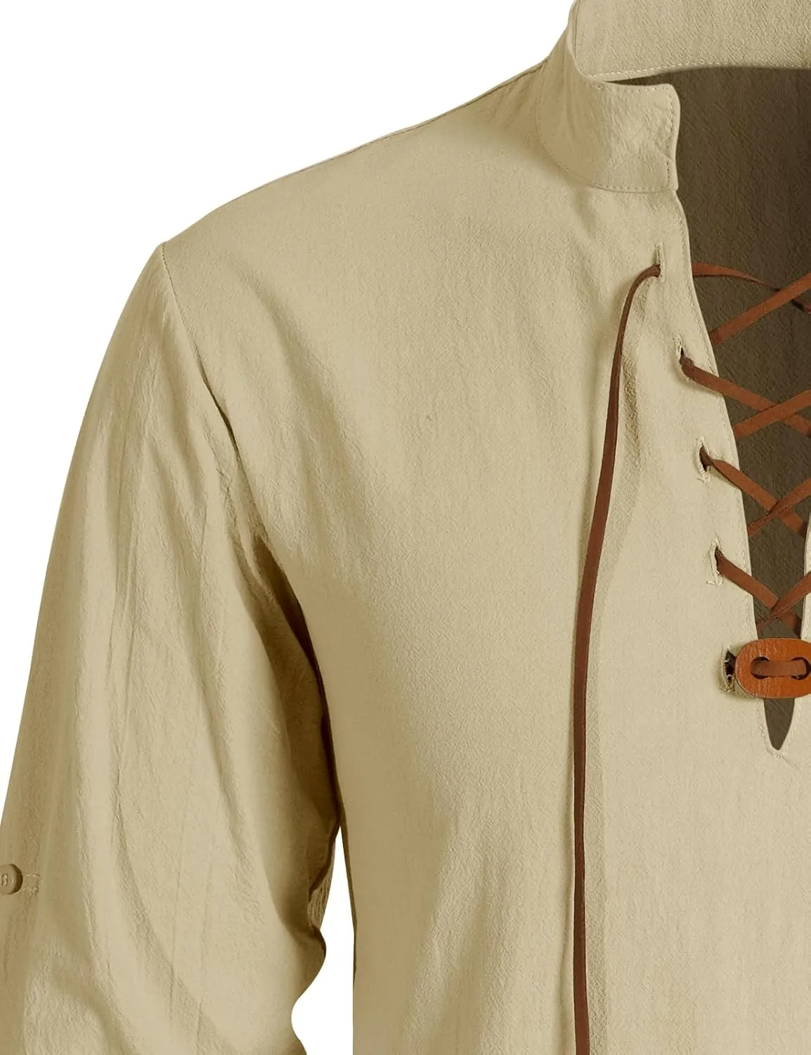 Men's Medieval Vintage Adjustable Long Sleeve Lace Up Shirts PU Leather V-neck Henley T-Shirt Costume Tops