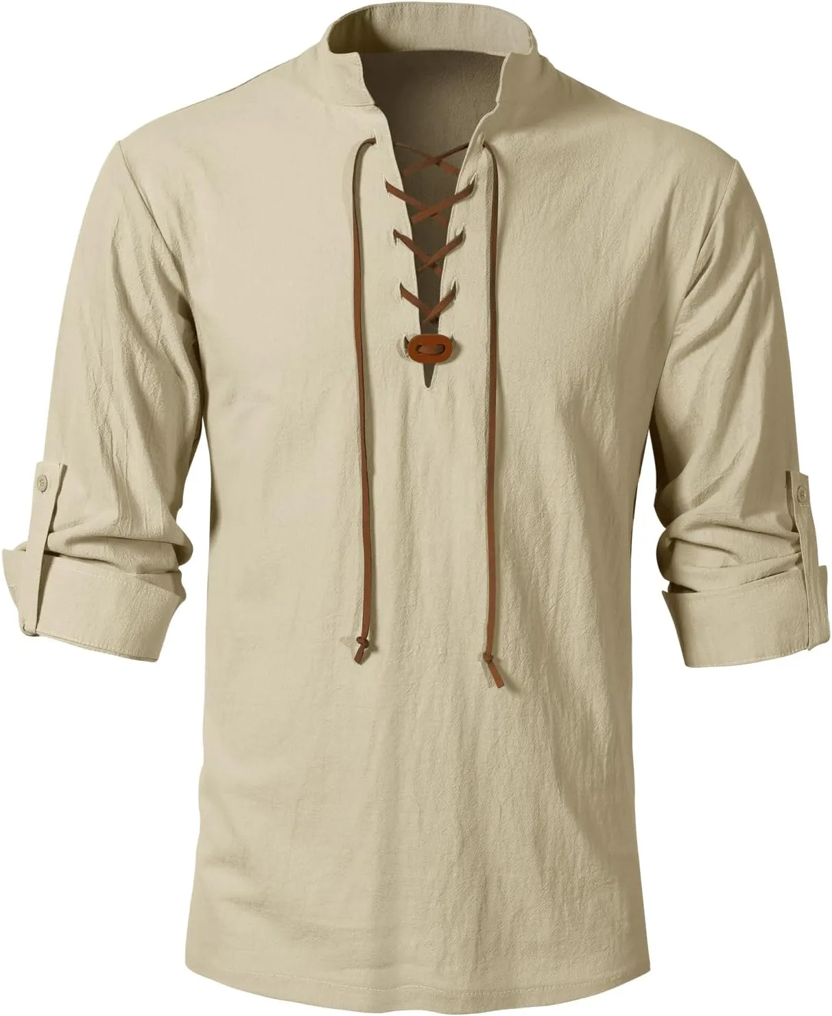 Men's Medieval Vintage Adjustable Long Sleeve Lace Up Shirts PU Leather V-neck Henley T-Shirt Costume Tops