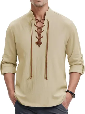 Men's Medieval Vintage Adjustable Long Sleeve Lace Up Shirts PU Leather V-neck Henley T-Shirt Costume Tops