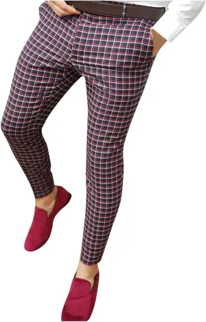 Mens Plaid Chino Pants Skinny Slim Fit Stretchy Checkered Striped Business Casual Dress Pants Straight Tapered Trousers Wine