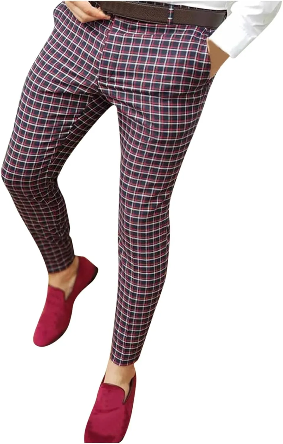 Mens Plaid Chino Pants Skinny Slim Fit Stretchy Checkered Striped Business Casual Dress Pants Straight Tapered Trousers Wine