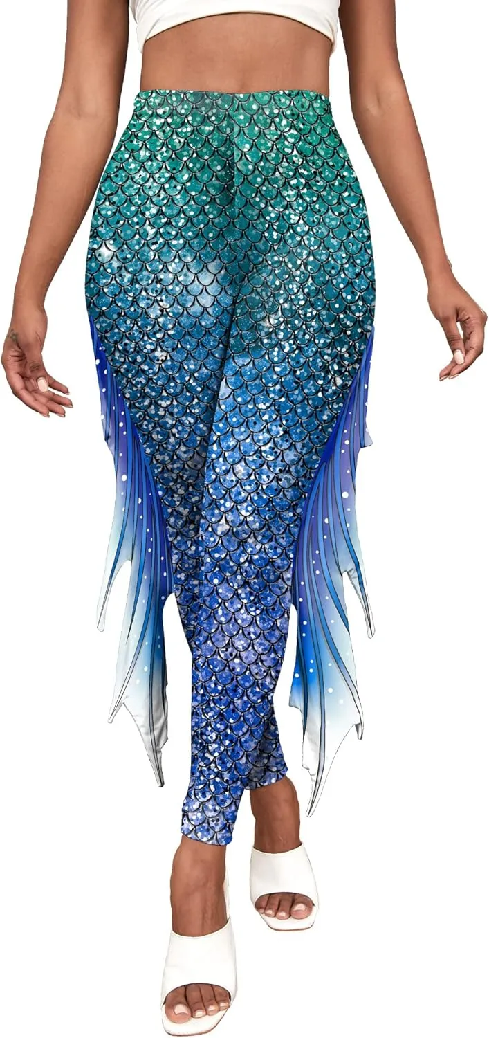 Mermaid Leggings for Women Fish Scale Leggings High Waisted Full Length Pants for Halloween Dance Party
