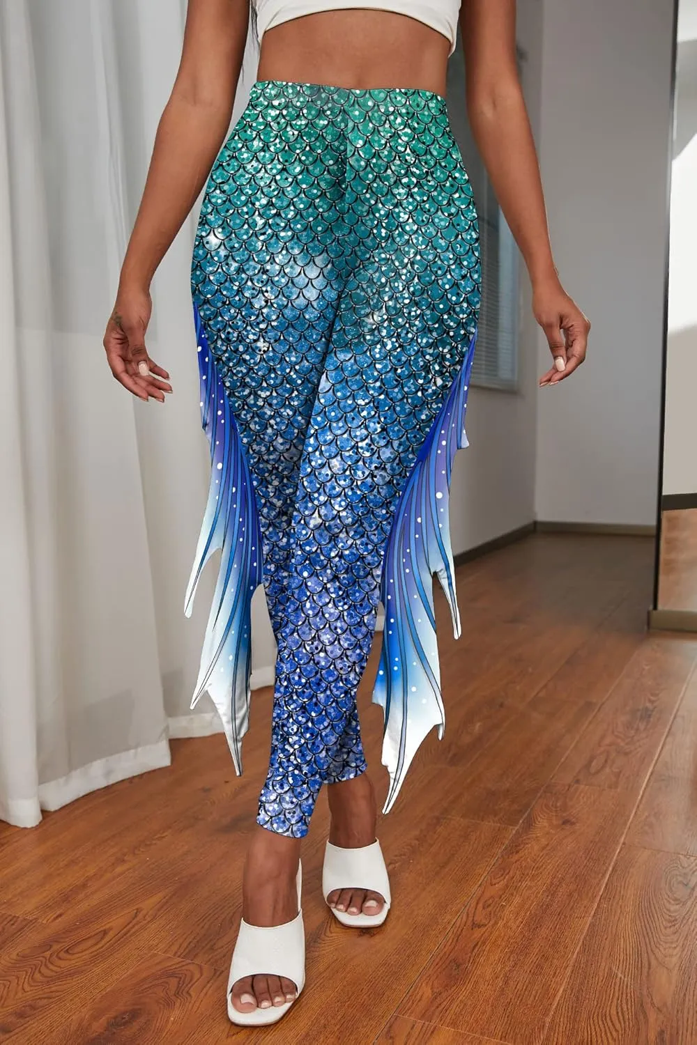 Mermaid Leggings for Women Fish Scale Leggings High Waisted Full Length Pants for Halloween Dance Party