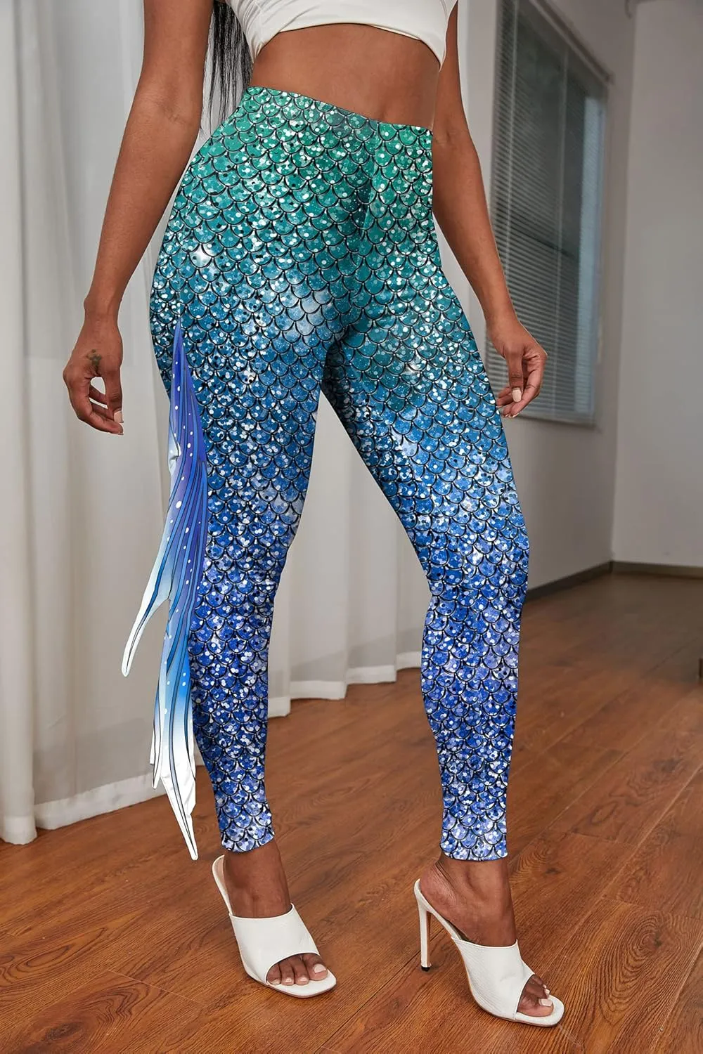 Mermaid Leggings for Women Fish Scale Leggings High Waisted Full Length Pants for Halloween Dance Party