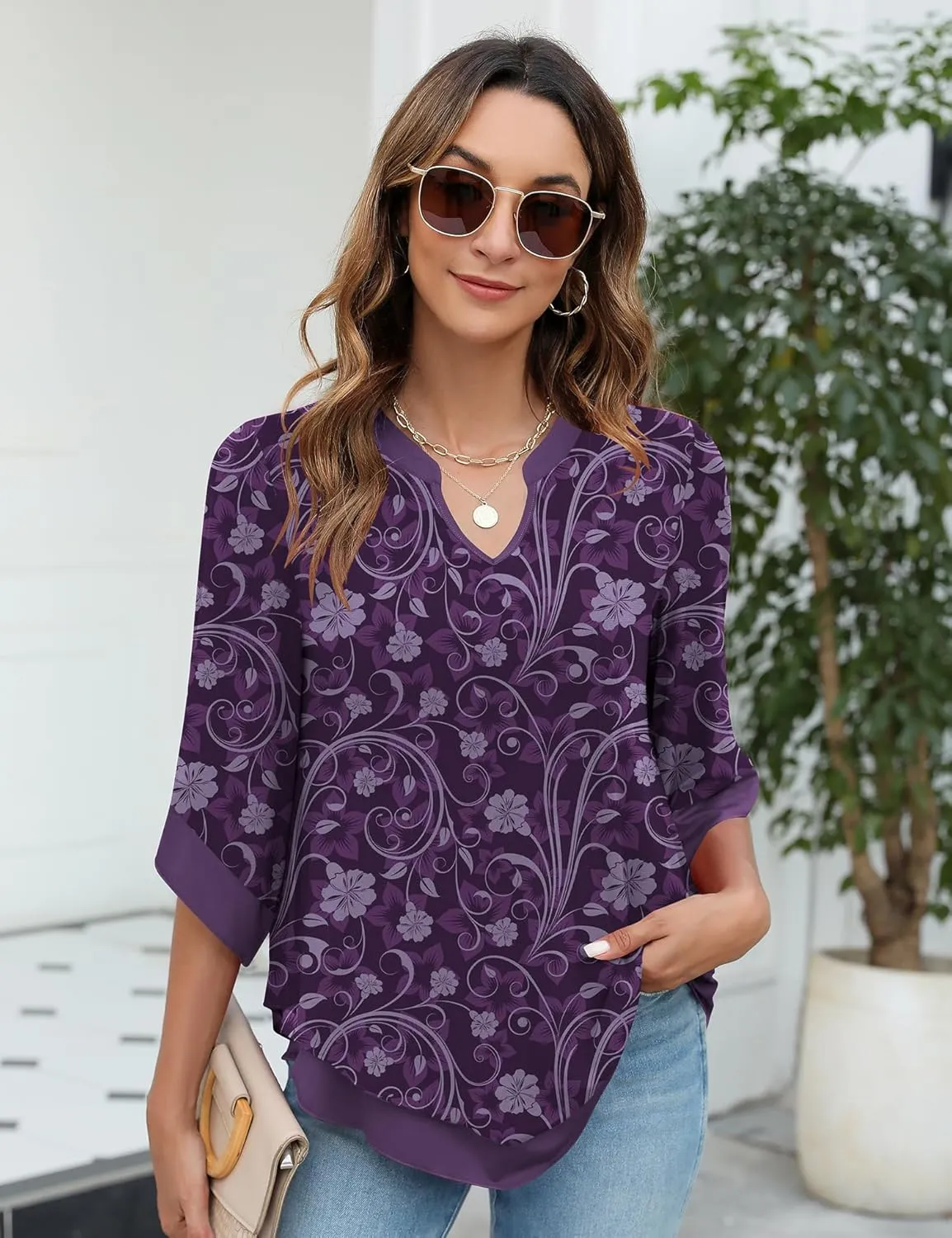 Micoson Womens 3/4 Sleeve Chiffon Blouses V Neck Double Layers Mesh Shirts Dressy Flowy Tunic Tops