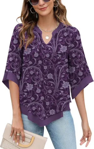 Micoson Womens 3/4 Sleeve Chiffon Blouses V Neck Double Layers Mesh Shirts Dressy Flowy Tunic Tops