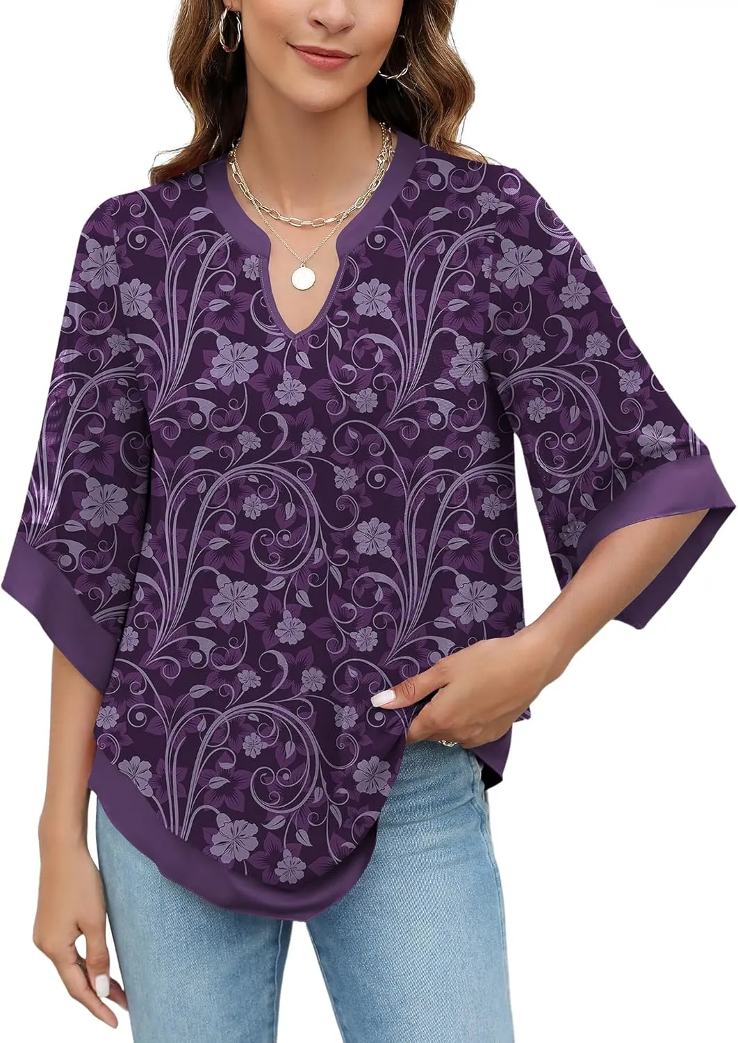 Micoson Womens 3/4 Sleeve Chiffon Blouses V Neck Double Layers Mesh Shirts Dressy Flowy Tunic Tops
