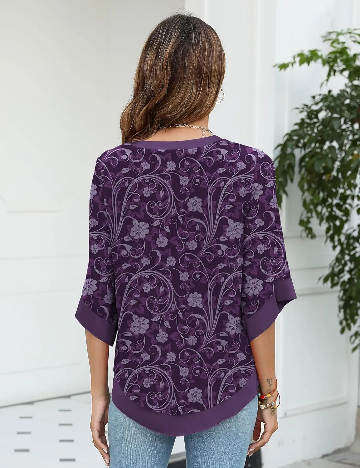 Micoson Womens 3/4 Sleeve Chiffon Blouses V Neck Double Layers Mesh Shirts Dressy Flowy Tunic Tops
