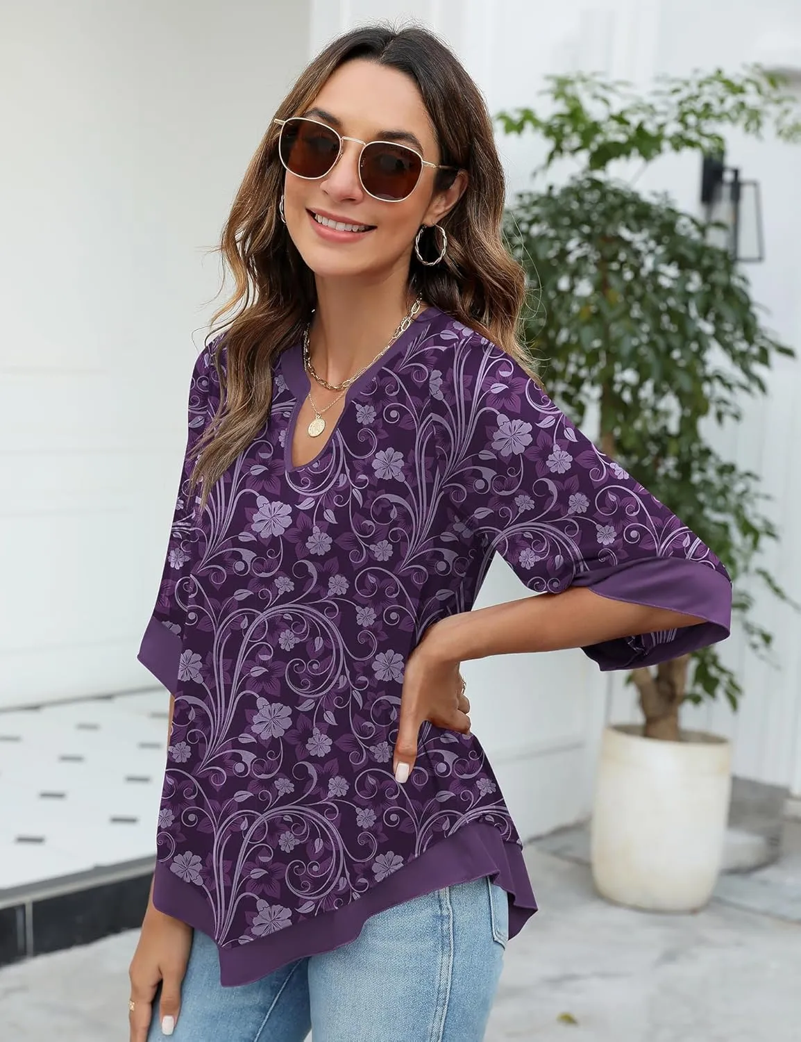 Micoson Womens 3/4 Sleeve Chiffon Blouses V Neck Double Layers Mesh Shirts Dressy Flowy Tunic Tops